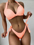 European And American Solid Color Neck Bikini Strap Split Hard Cup Crimp Swimsuit