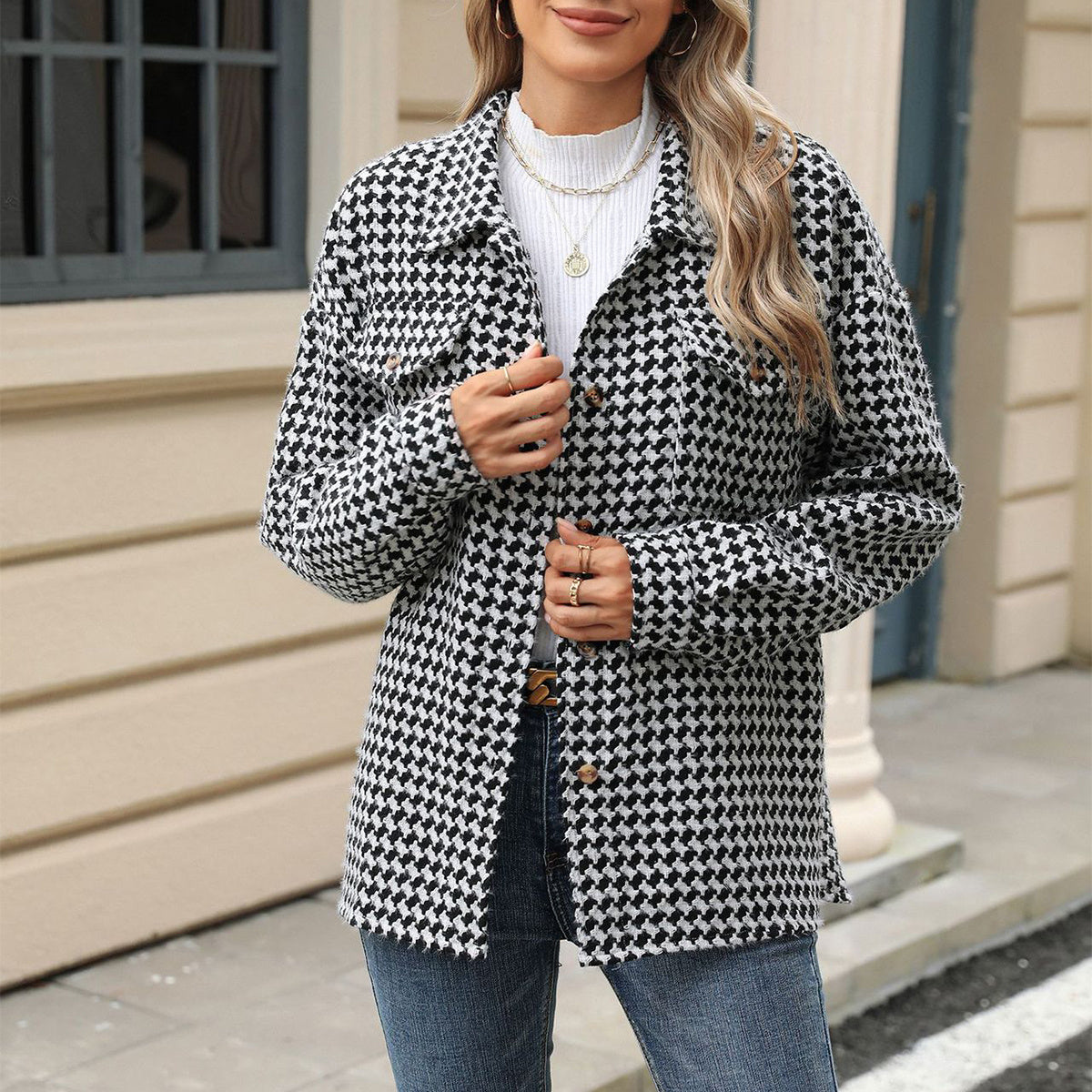 Fashion Houndstooth Lapel Tweed Coat – Chic & Casual Outerwear for Women