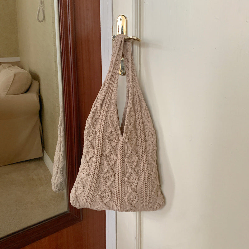Portable Retro Hollow Knitted Woolen Yarn Bag Shoulder Tote Bag