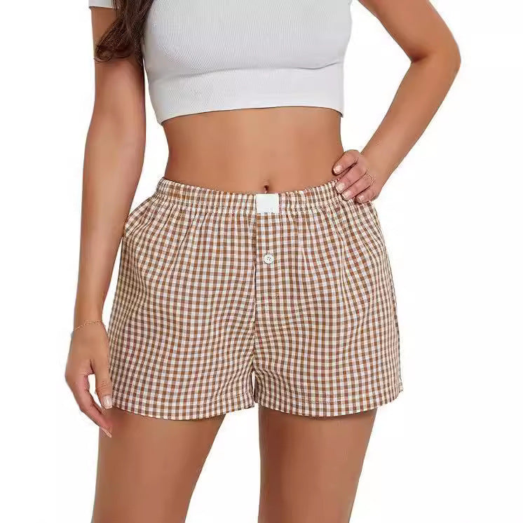 Vacation Simple Plaid Beach Shorts Women's Loose Casual Pants