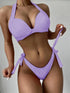 European And American Solid Color Neck Bikini Strap Split Hard Cup Crimp Swimsuit