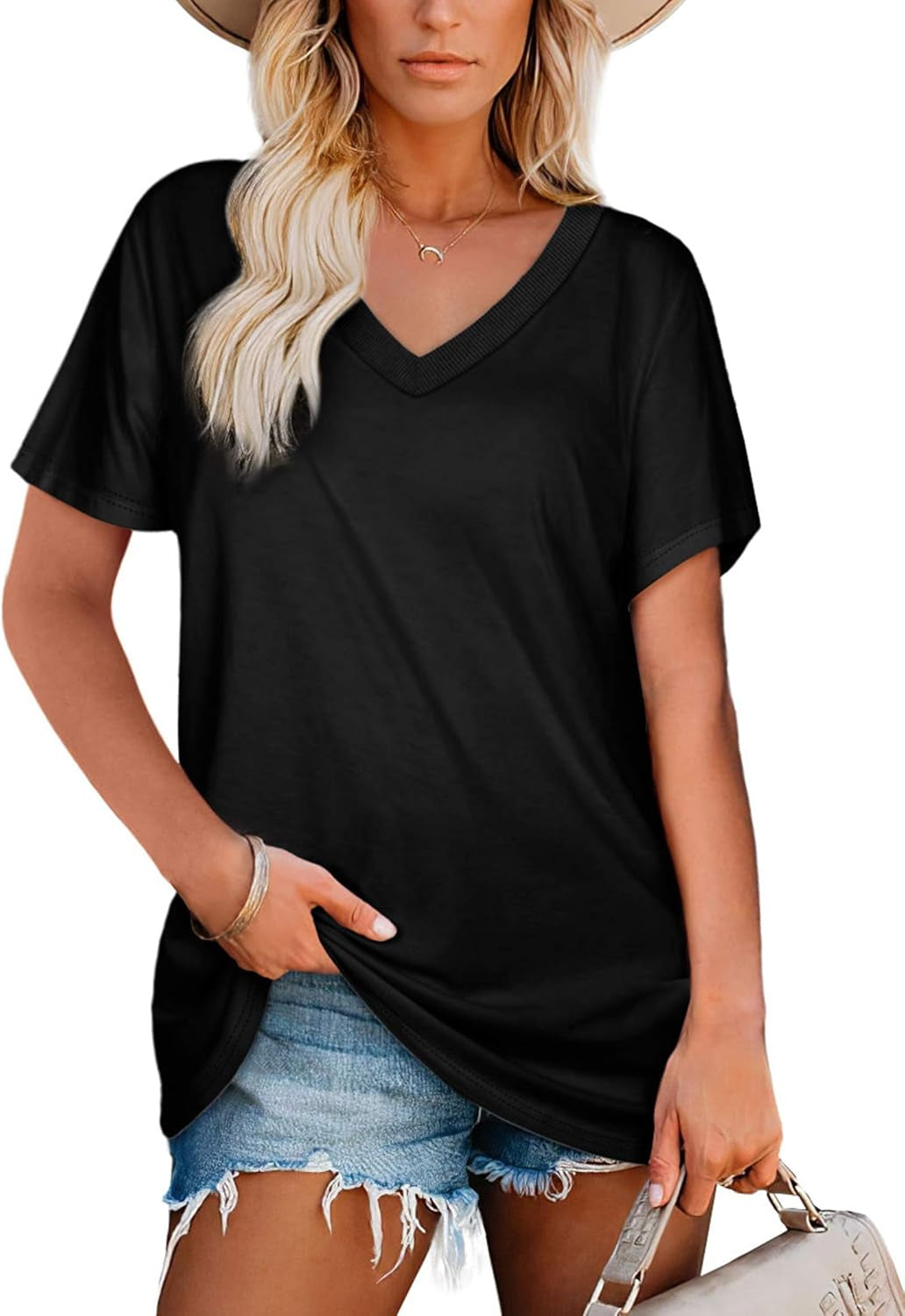 V Neck T Shirts for Women Summer Tops Loose Fit Short Sleeve Shirts