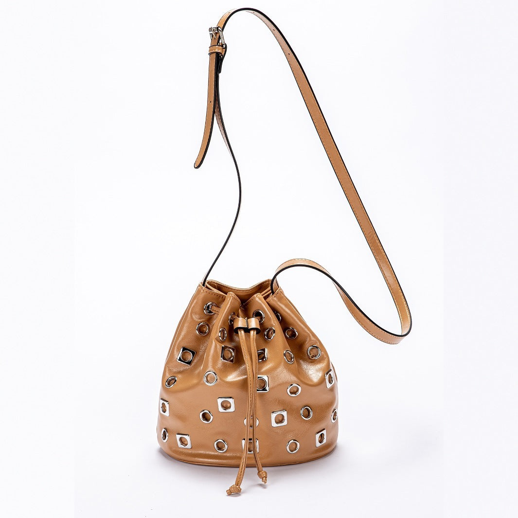 Suede Rivet Bucket Bag Hollow Crossbody Bag