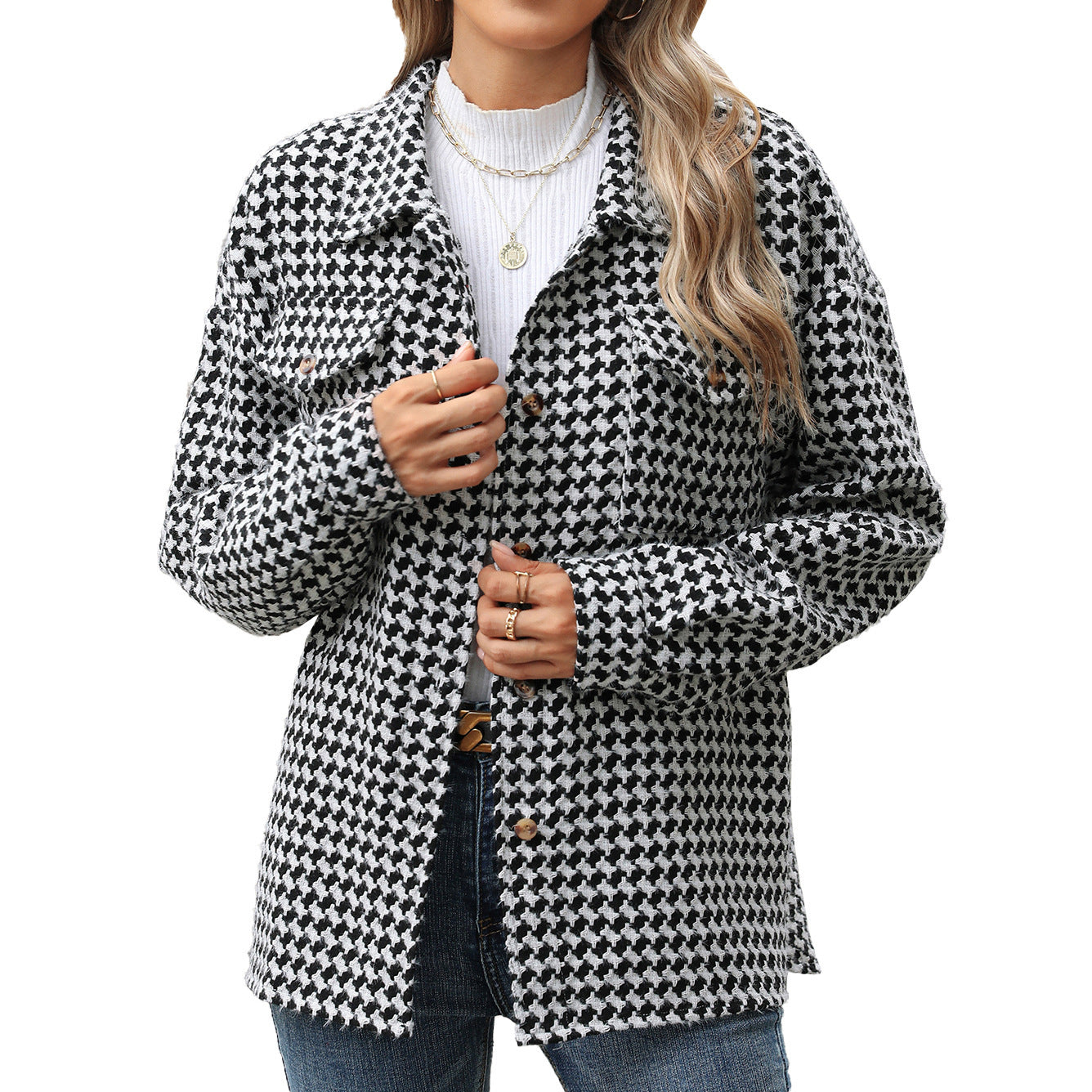 Fashion Houndstooth Lapel Tweed Coat – Chic & Casual Outerwear for Women