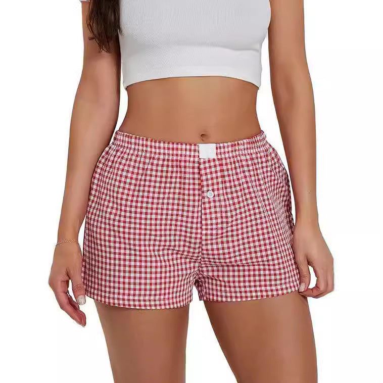 Vacation Simple Plaid Beach Shorts Women's Loose Casual Pants