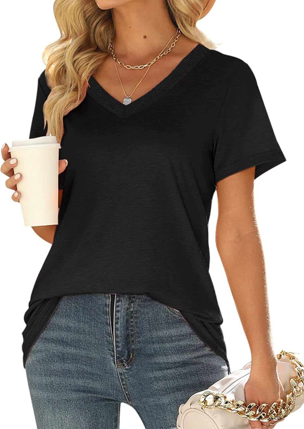 V Neck T Shirts for Women Summer Tops Loose Fit Short Sleeve Shirts