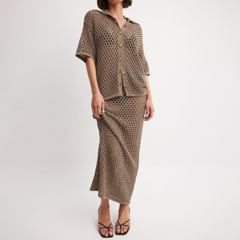 Casual Skirt Fashion Hollowed-out Fishnet Knitted Shirtdress