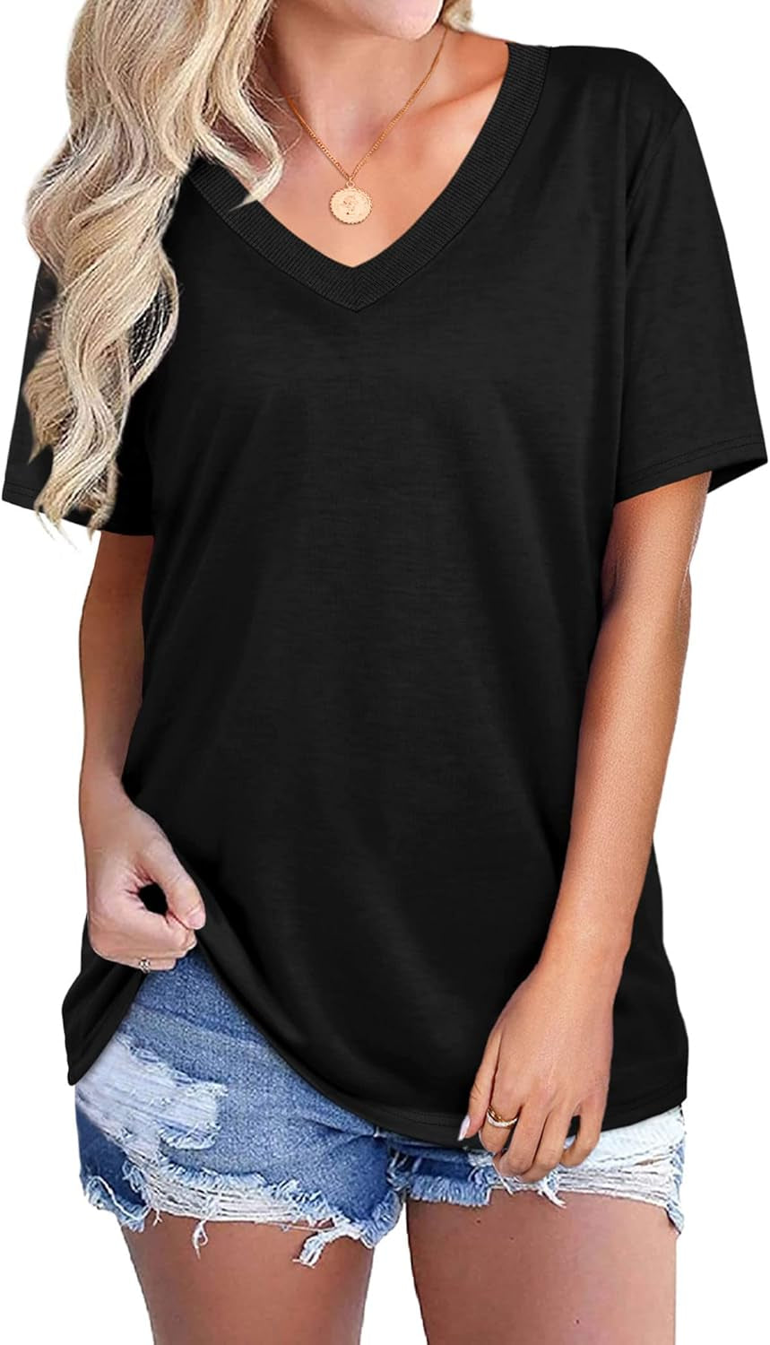 V Neck T Shirts for Women Summer Tops Loose Fit Short Sleeve Shirts