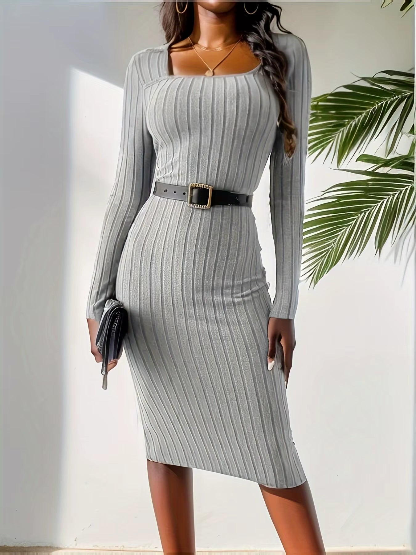 Ribbed Squared Neck Dress Elegant Long Sleeve Bodycon Dress Women'S Clothing