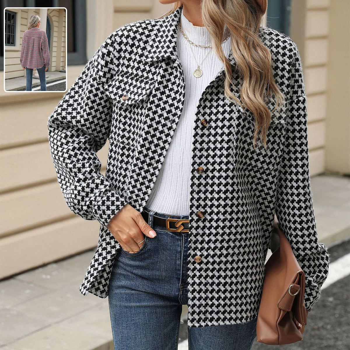 Fashion Houndstooth Lapel Tweed Coat – Chic & Casual Outerwear for Women